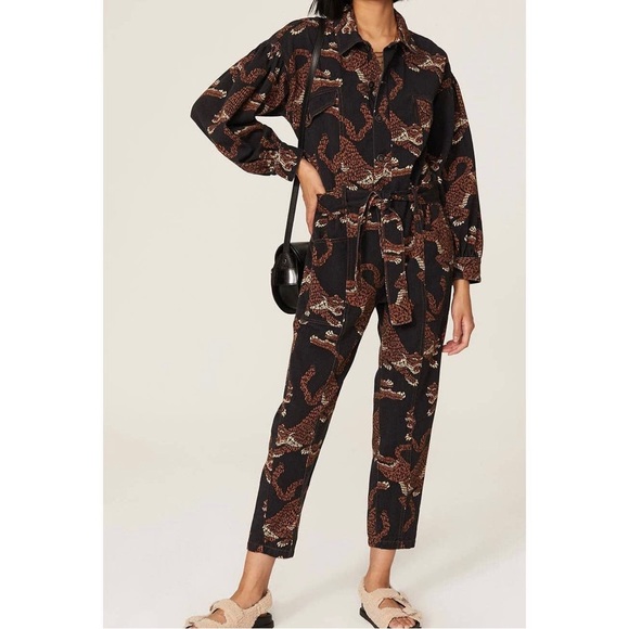 FARM Rio Pants - FARM Rio Leopard Print Jumpsuit Belted Long Sleeve Black Brown size M CL